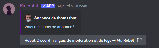 Message d'annonce envoyé dans le salon spécifié depuis la commande /annonce sur le robot Discord Mr. Robot app